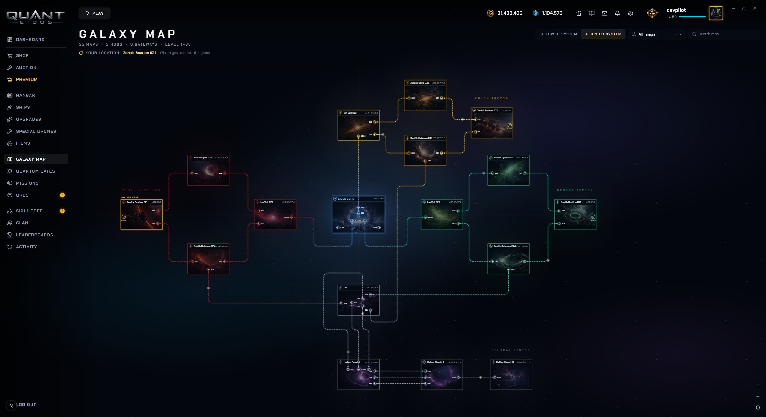 Screenshot aus dem Launcher: die Galaxiekarte mit den farbigen Sektoren dreier Fraktionen rund um EIDOS Core und dem neutralen Hollow Reach darunter